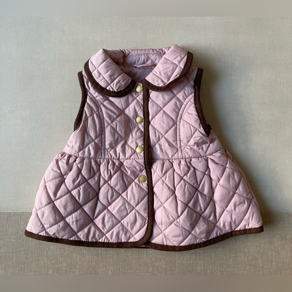 Janie and Jack Pink Quilted Sleeveless Coat with Brown Trim